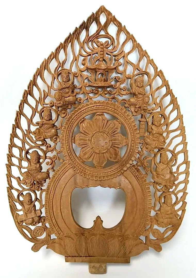 光背(3寸坐像用)#417透し彫 奏楽飛天 宝塔 ◆白檀 木彫 仏像付属品