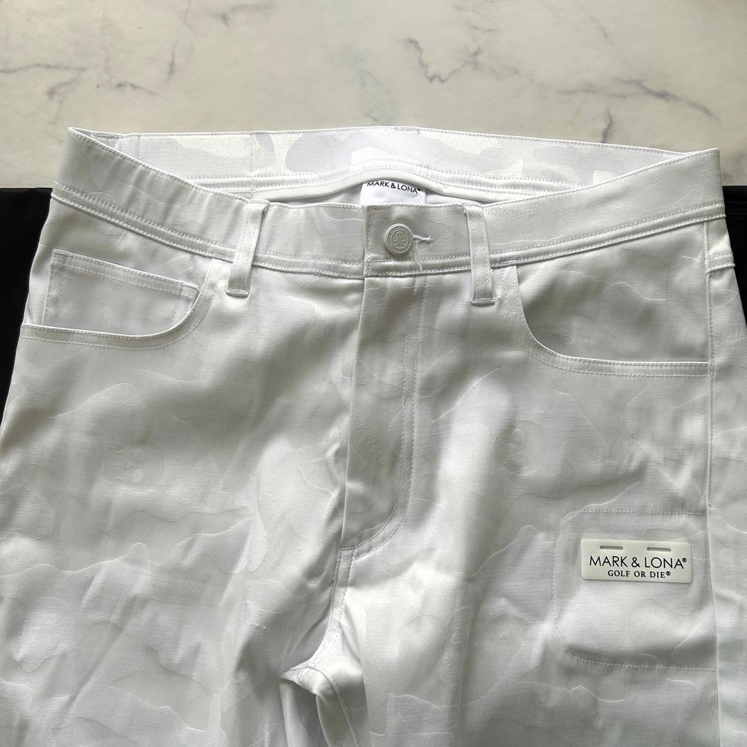 マークアンドロナ 2023年モデル 総柄 ジャカード パンツ レザーロゴ 白