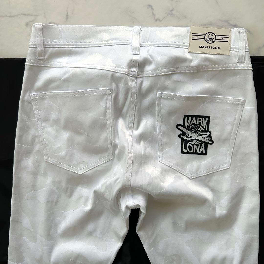 マークアンドロナ 2023年モデル 総柄 ジャカード パンツ レザーロゴ 白