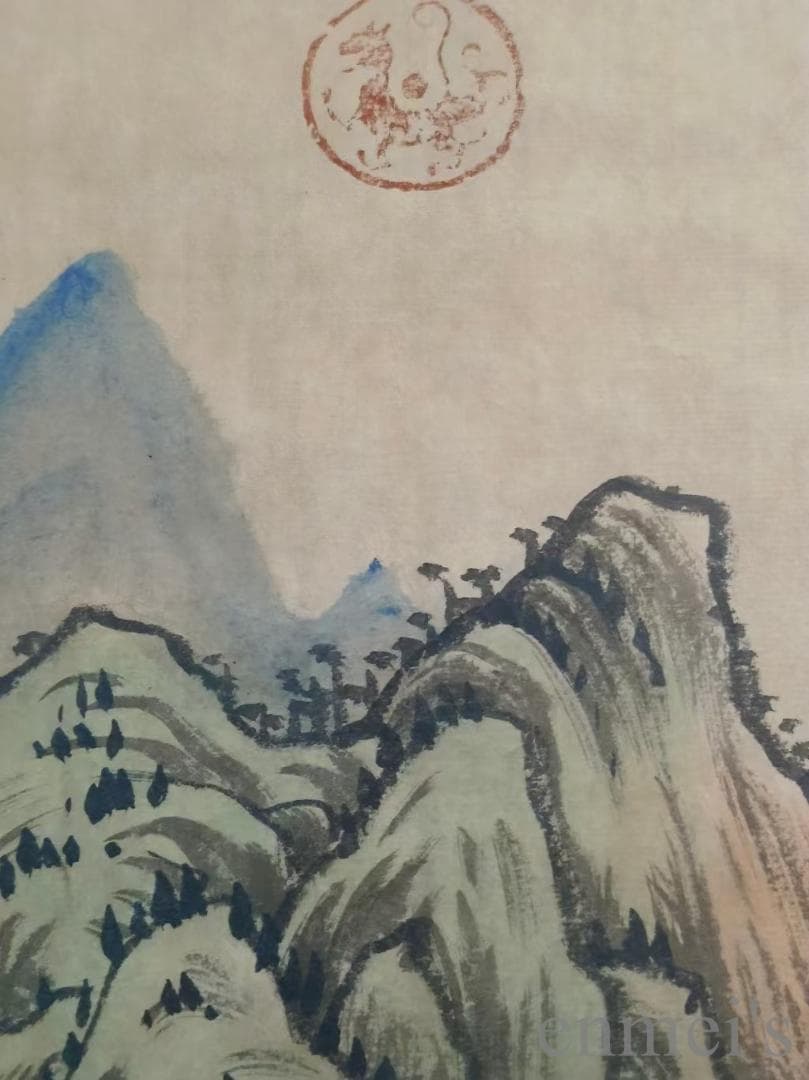 中国古美術.明時代.文徴明款.山水図.宣紙.三尺.肉筆.掛け軸.在銘.文房置物