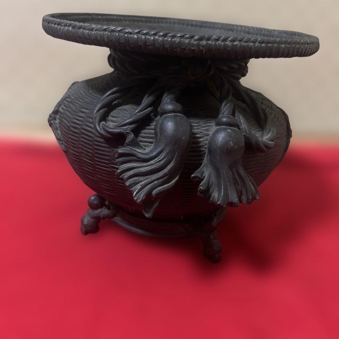 古美術　骨董品　茶道具　古銅花器　竹編紋　在銘　唐子足