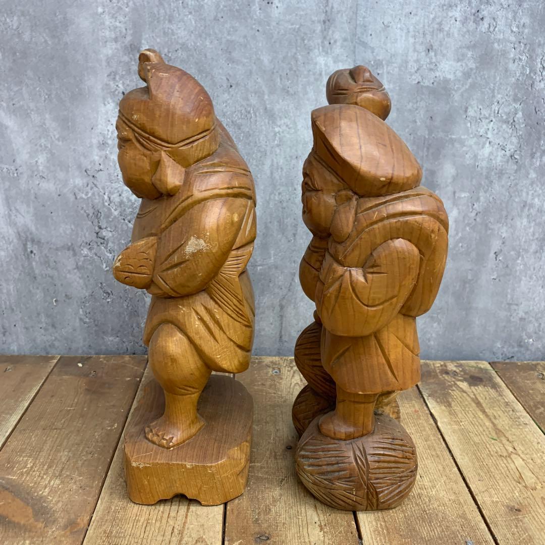 4F 【縁起物】木彫り 恵比寿 大黒天 2体セット 彫刻 置物