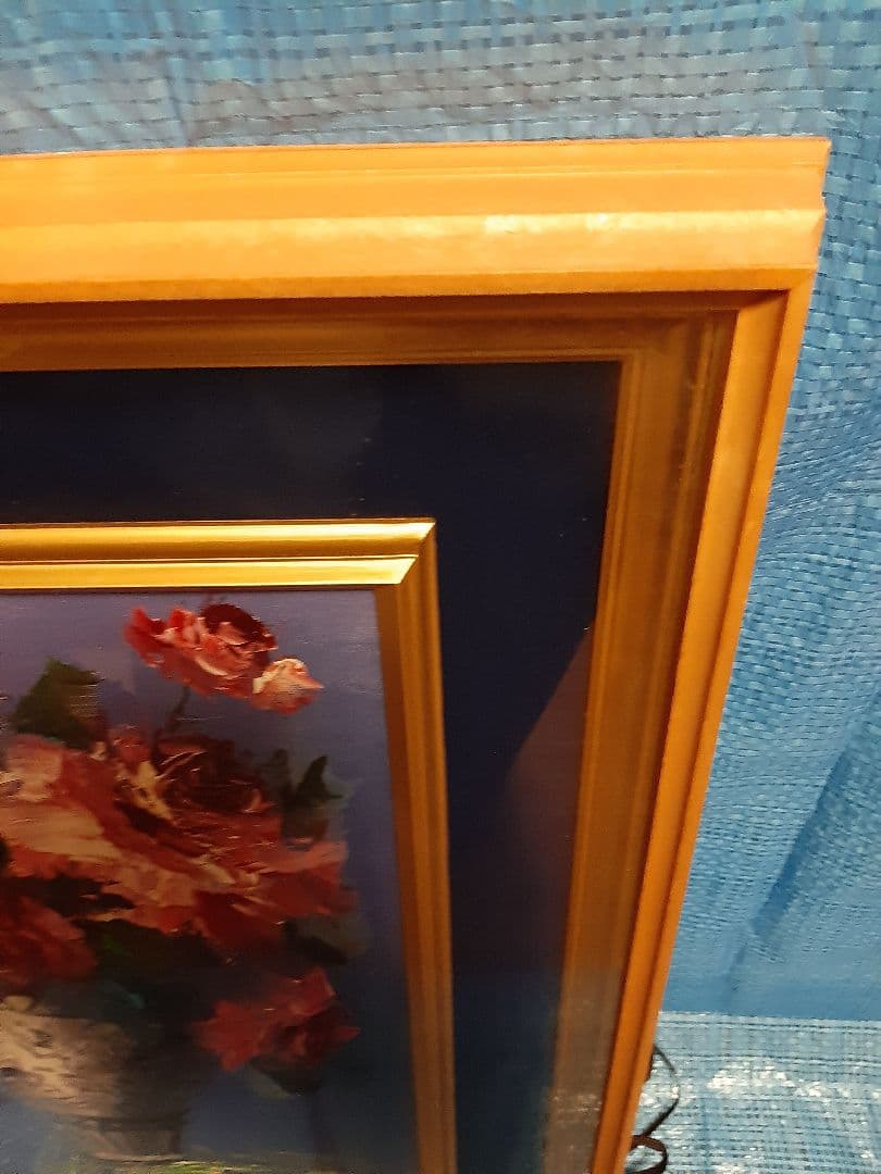 バラ 薔薇 花束 油彩画 金色フレーム 油絵　作者不明　花瓶