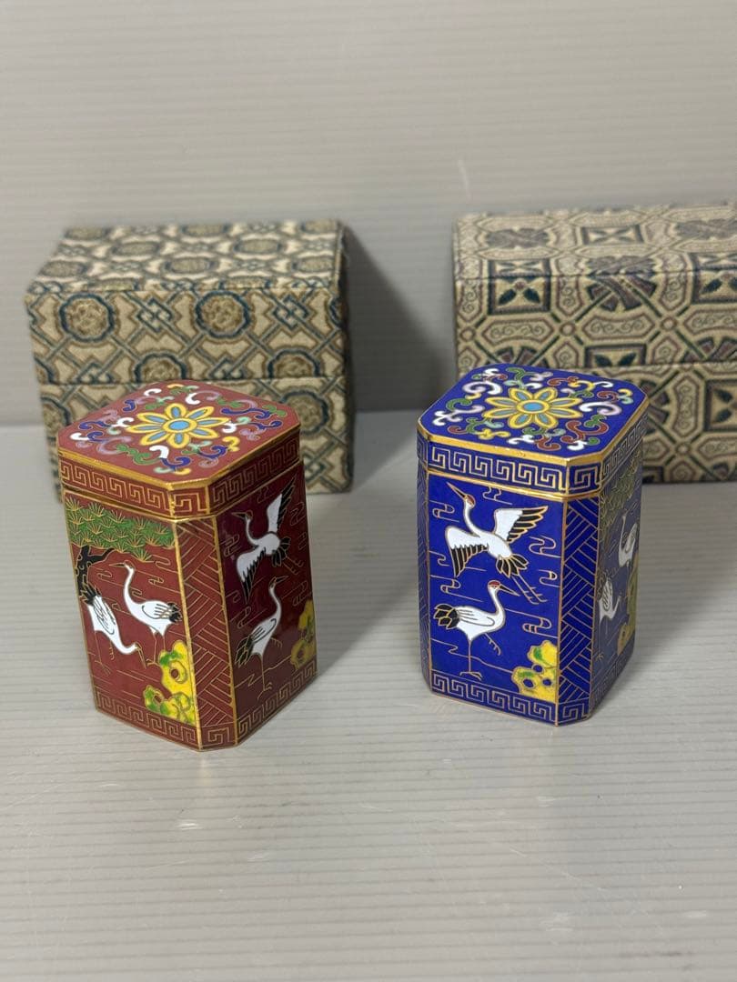 2161 七宝焼　景泰藍　鶴文　小物入れ　2客