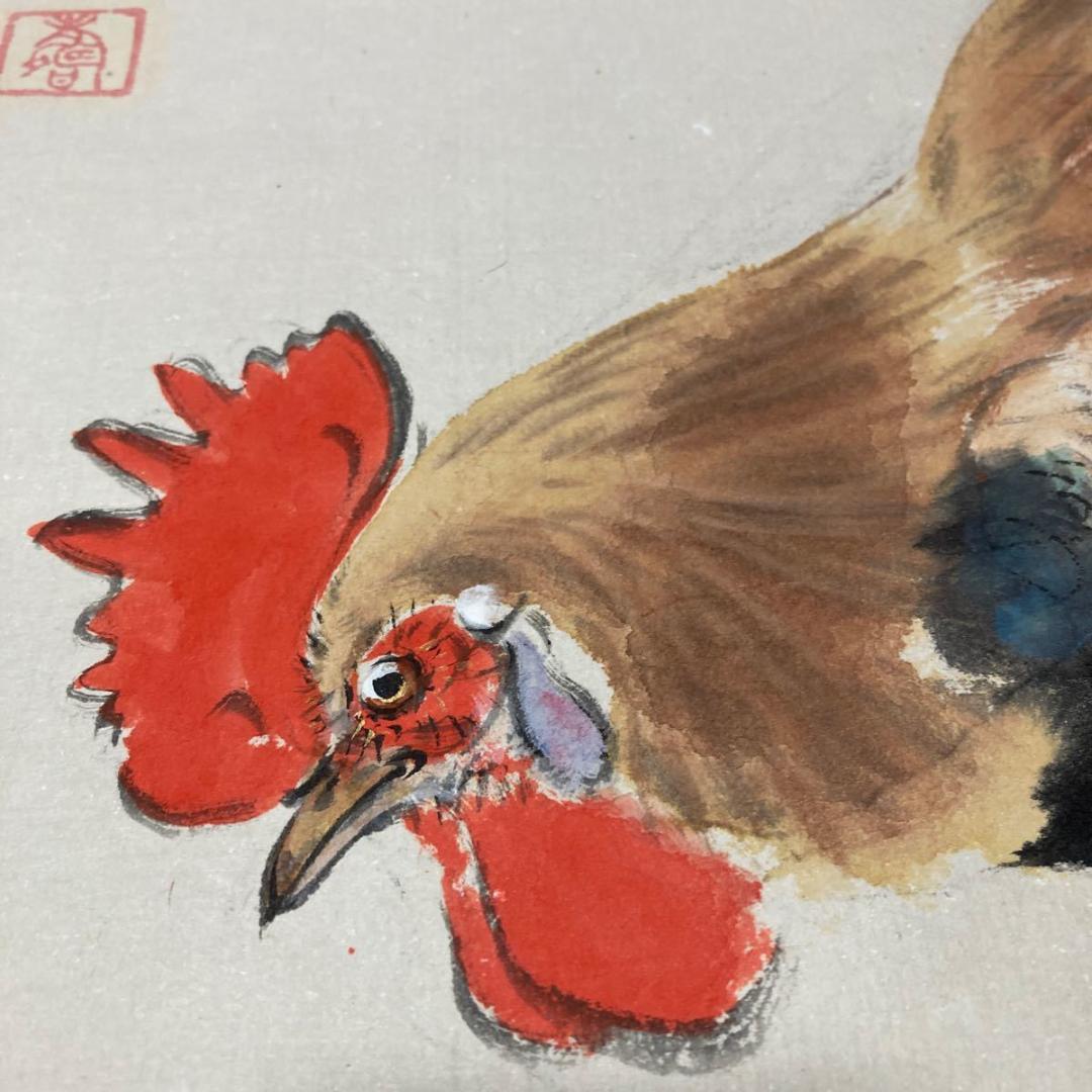 掛軸 安藤栖阜『鶏 にわとり』日本画 紙本 肉筆 共箱付 掛け軸 No.974