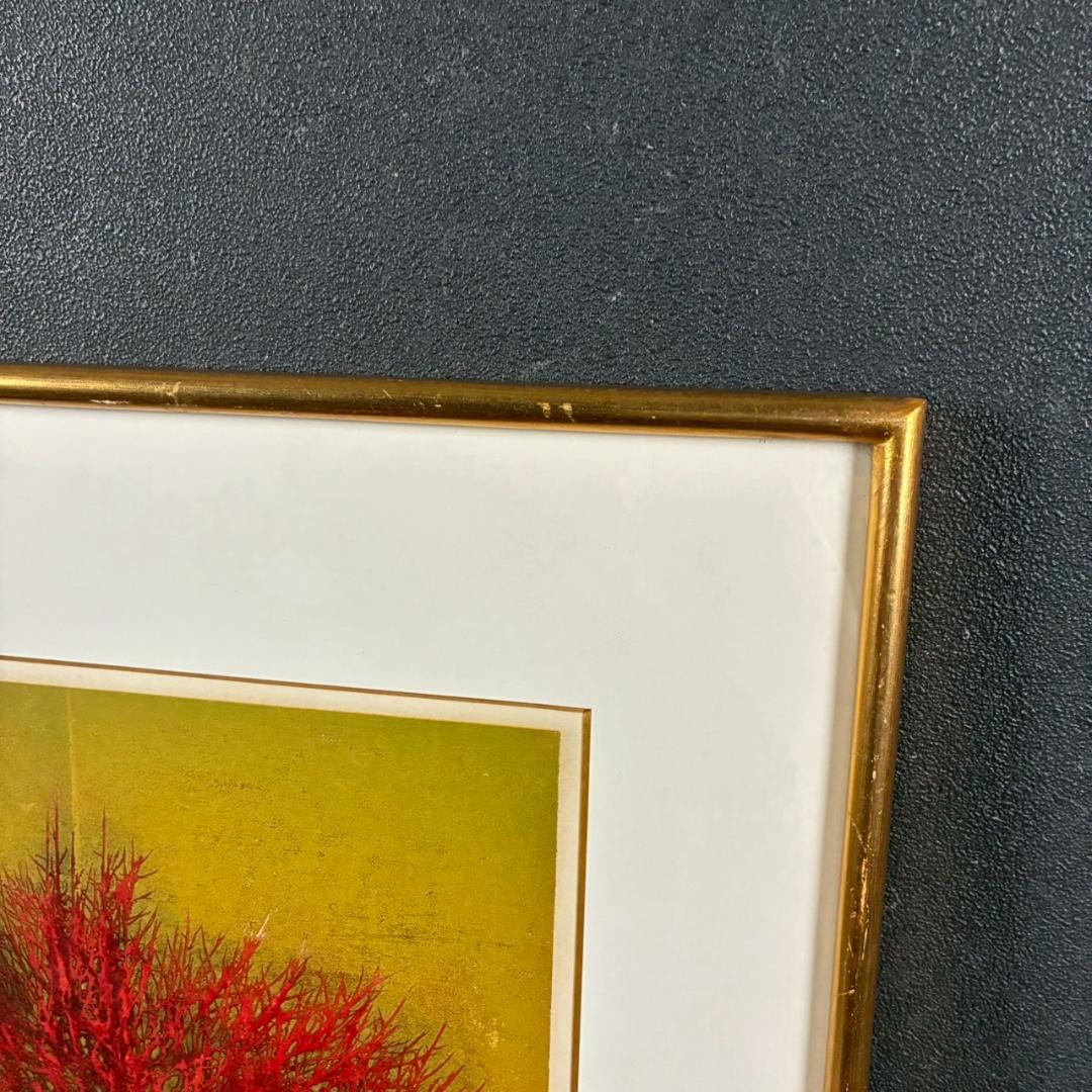 星襄一「梢（赤）」木版画 直筆サイン入り 1973年作 額縁入り 樹の木版画家