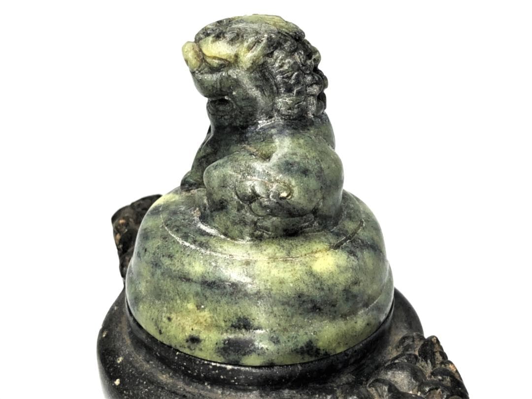 【 三つ足蝋石香炉 】　避邪双耳獅子蓋　中華古玩　蝋石彫刻