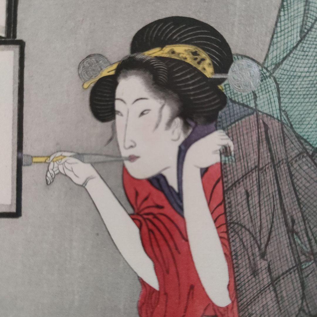 歌川国貞（三代豊国）浮世絵木版画『吸い付け煙草』 落款は五渡亭国貞