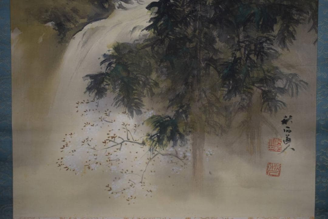 真作/奥谷秋石/春景山水図/桐共箱二重箱/布袋屋掛軸HF-792