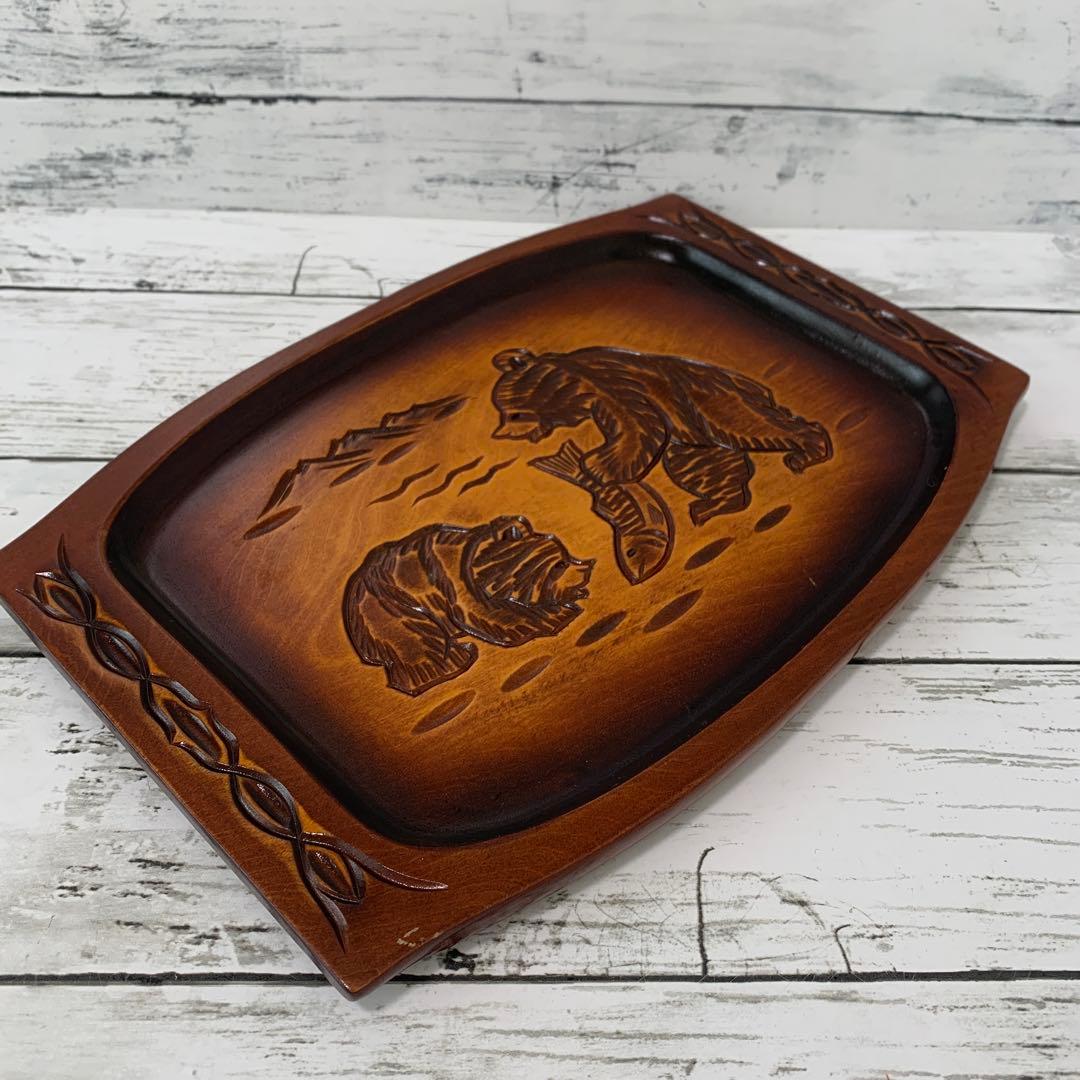 木彫 お盆 北海道 熊 鮭 民芸品