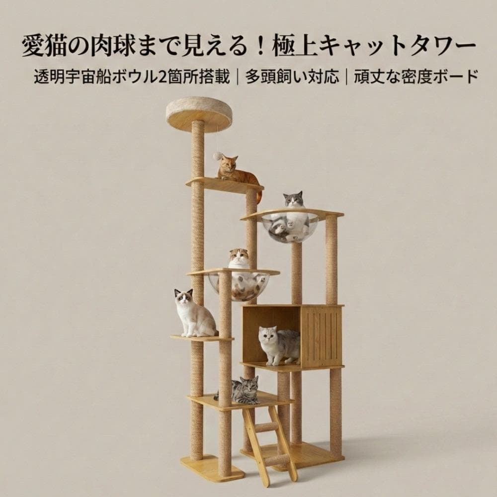 キャットタワー木製据え置き透明宇宙船2個肉球多頭飼いおしゃれ爪とぎ175cm