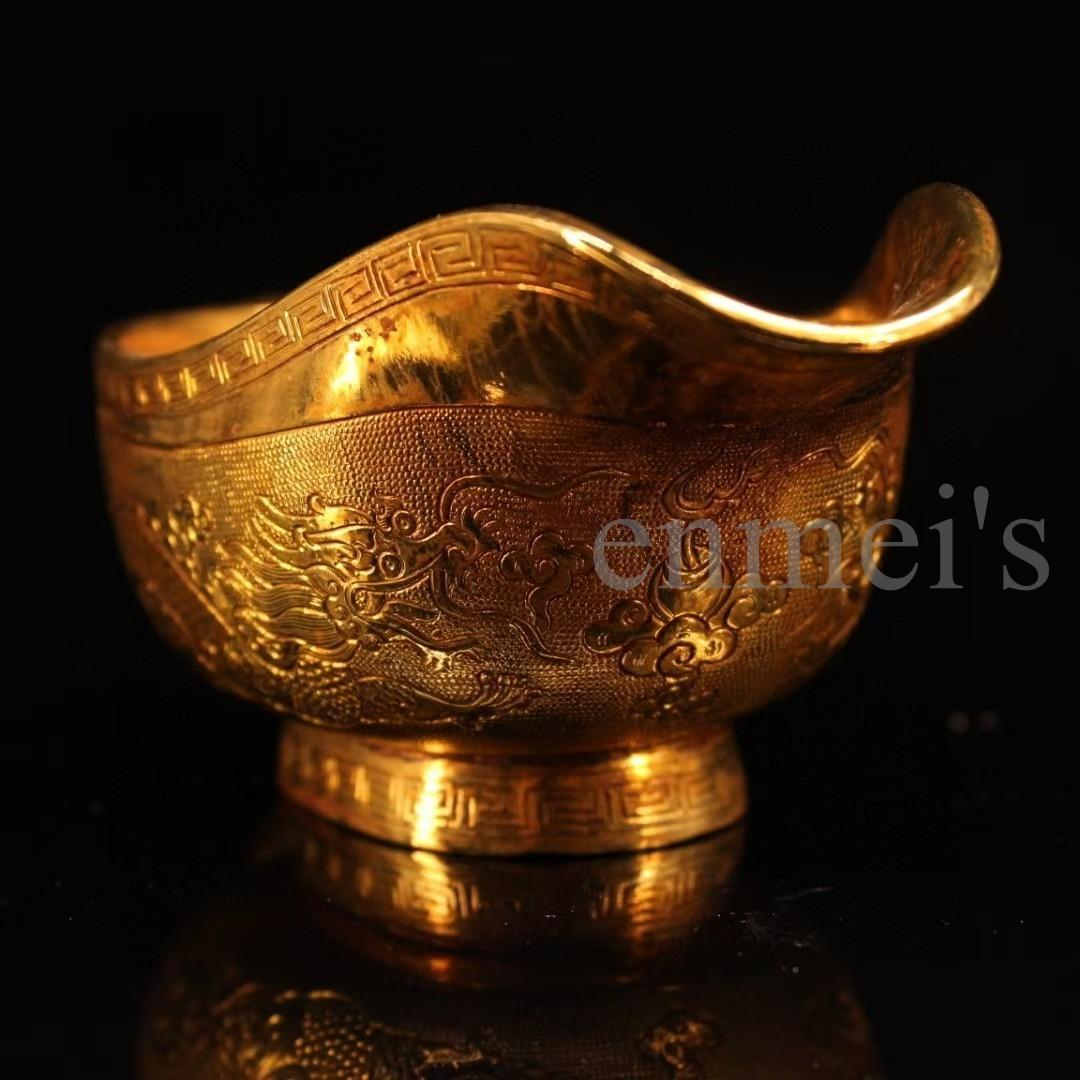 中国古美術・珍蔵純銅製・鎏金龍彫酒杯・細密彫・純手作り・文房具・賞物・酒器・酒具