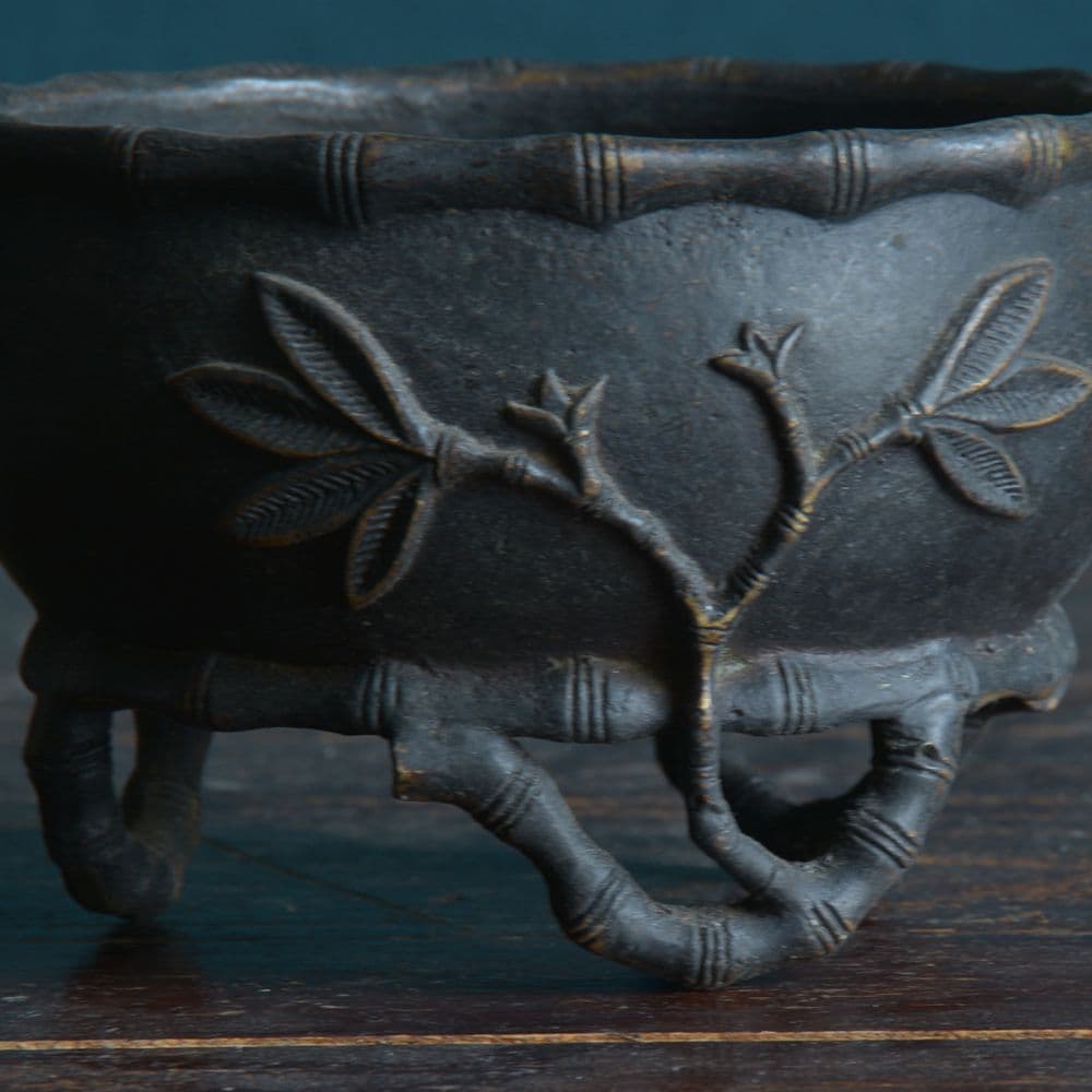 銅炉 香炉【福地洞天】 三足竹節紋香炉 宣徳炉 茶道香道具 工芸品 置物