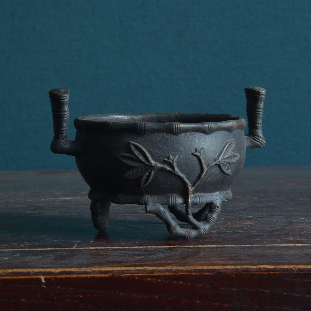 銅炉 香炉【福地洞天】 三足竹節紋香炉 宣徳炉 茶道香道具 工芸品 置物