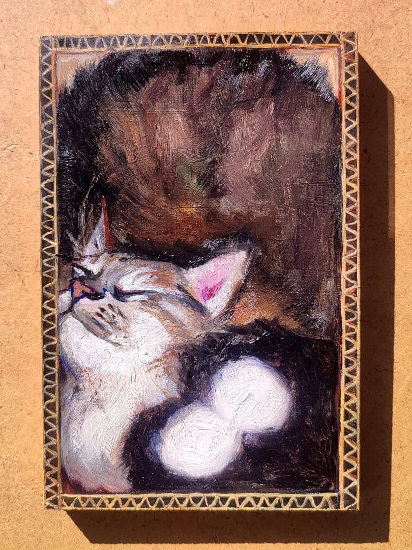 箱入り猫（娘)　油絵　オリジナル　手描き　原画