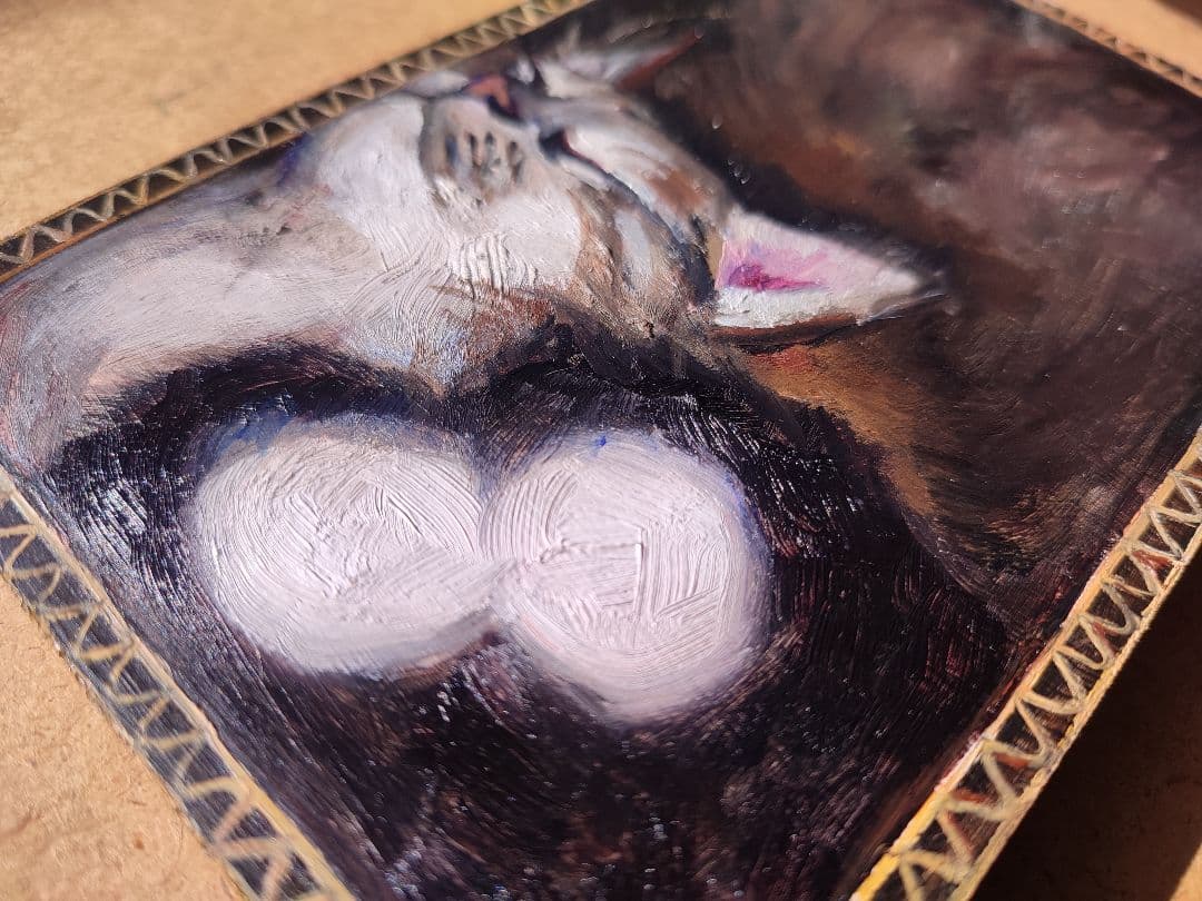 箱入り猫（娘)　油絵　オリジナル　手描き　原画