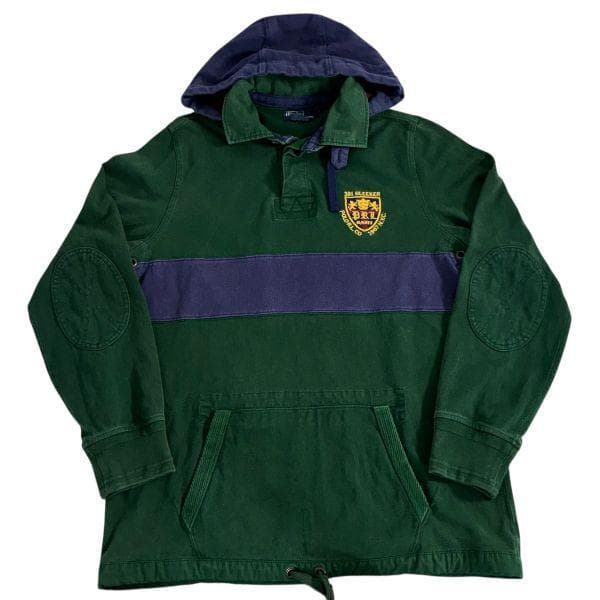 90 00s ポロラルフローレン フード付 ラガーシャツ L 緑 長袖ポロシャツ