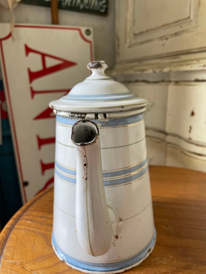 Kアンティーク　ホーロー　ポット　エトワール社　ライトブルー　ホワイト