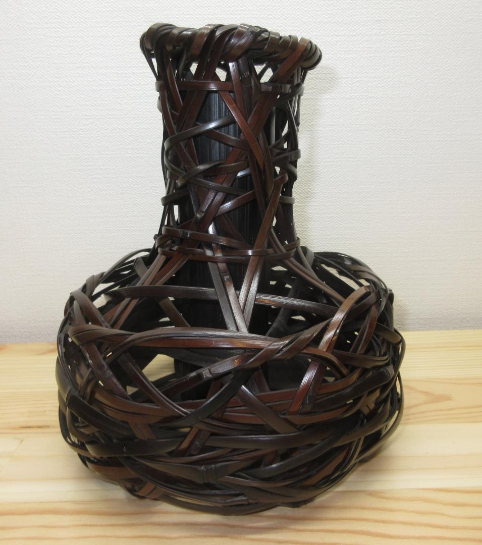 送料込【逢絢亭】茶道具 花籠 鶴首籠 染竹 竹製の入子 木製 作家物 紙箱入り