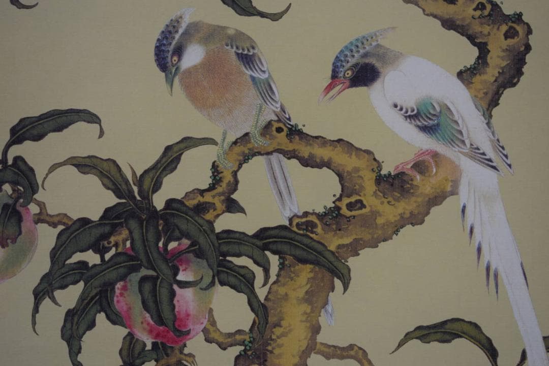 複製/熊代熊斐/桃樹山鵲図/工芸/布袋屋掛軸HF-464