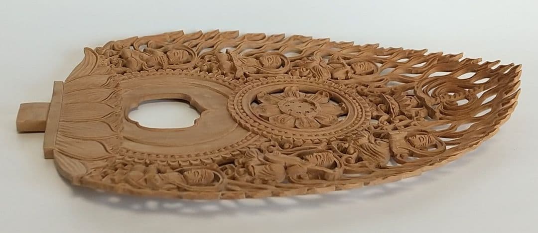 光背(2.5寸坐像用)#433 透し彫 奏楽飛天 宝塔 ◆白檀 木彫 仏像付属品