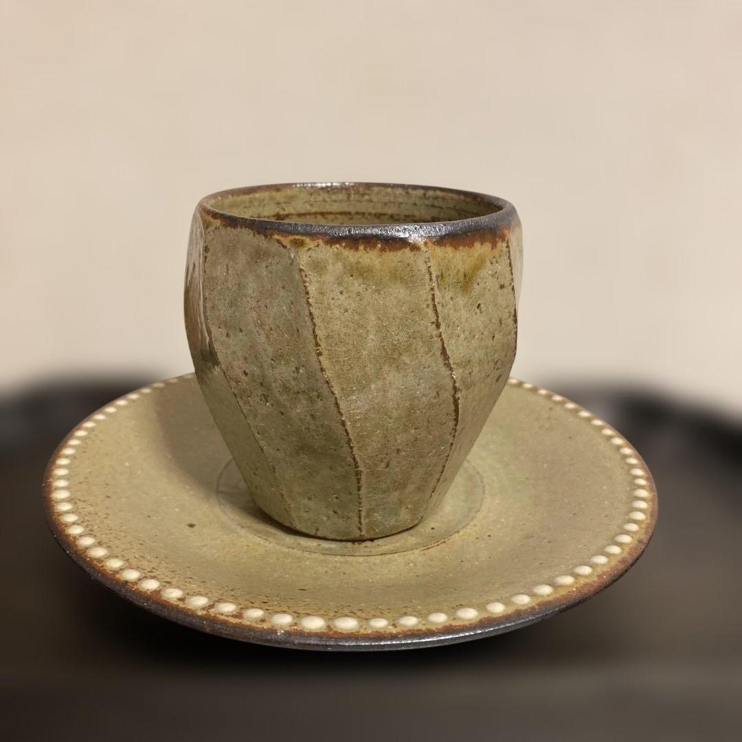 民藝　岩井窯　山本教行さん　灰釉　面取湯呑 & ソーサー