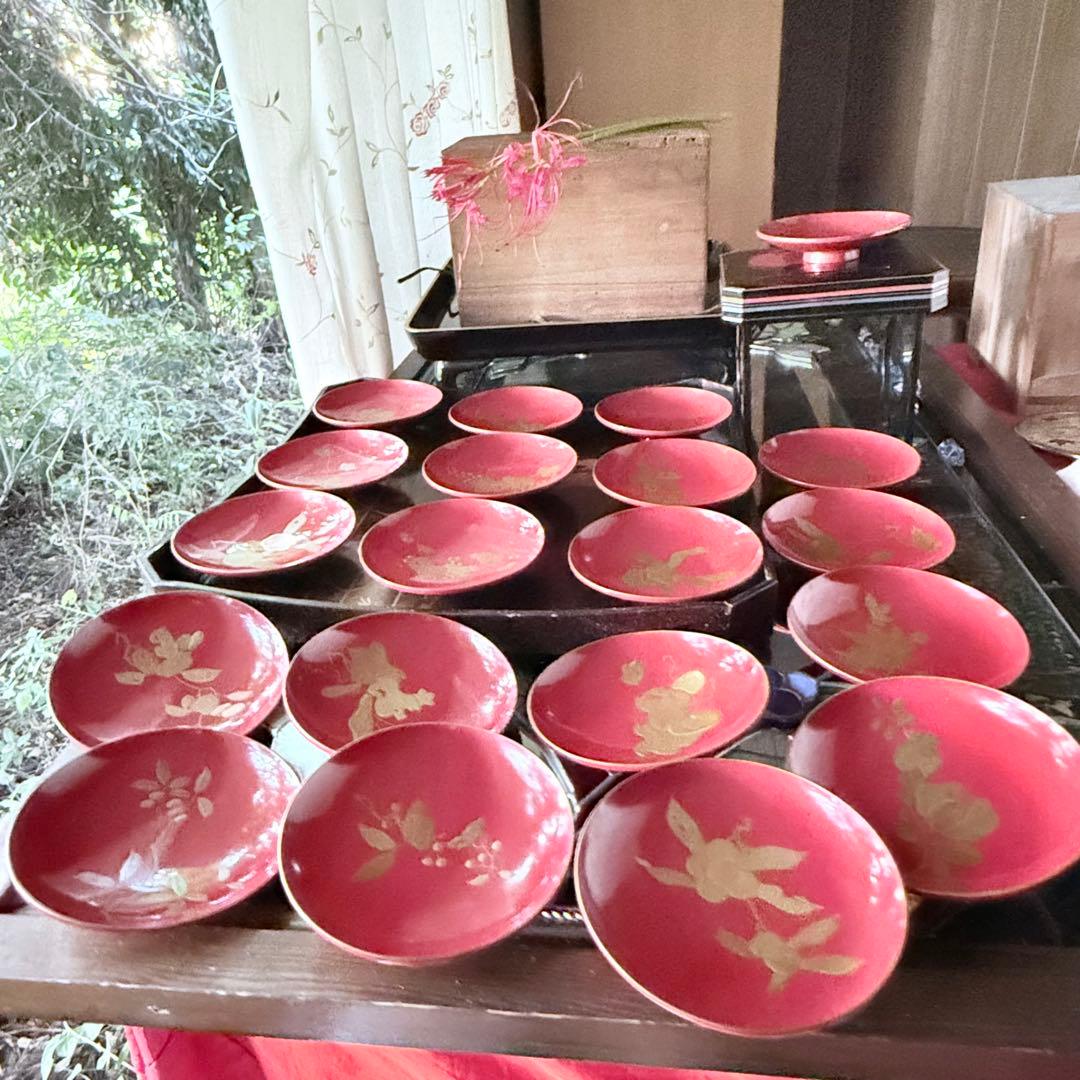 新春特別価格 ‼️高蒔絵『木の実』絵がわり引盃18客➕1プレゼント桐箱入茶道具