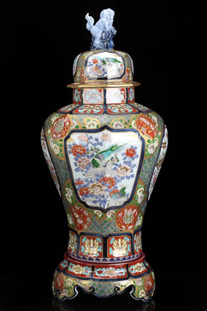 s*a様 有田焼 朱明窯 藤井朱明 染錦金彩獅子蓋孔雀図沈香壺 三段飾壺 特大9