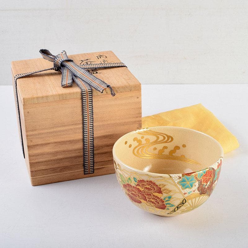 茶道具　京焼　森里陶楽造　色絵金彩　扇流絵　茶碗　共箱　C　8905