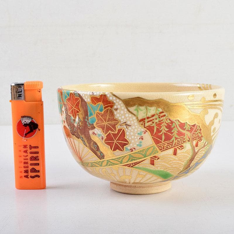 茶道具　京焼　森里陶楽造　色絵金彩　扇流絵　茶碗　共箱　C　8905