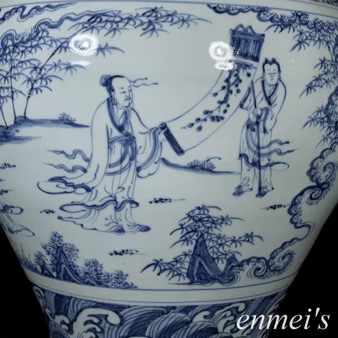 中国古美術✦明代正統期青花琴棋書画紋缶✦人物風景写意缶・文房具・純手描き・陶芸