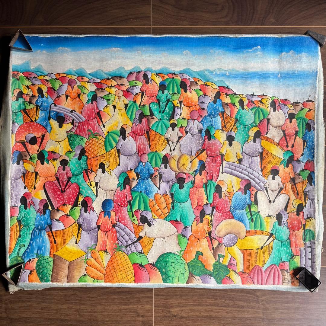 【ハイチアート】絵画 マーケット サイン有り ハイチアン　ヴィンテージ