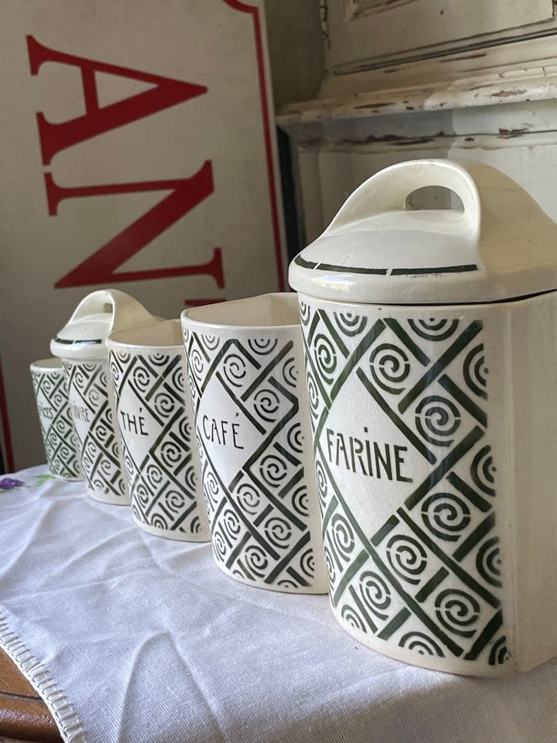 フランス　アンティーク 陶器キャニスター　5個　オリーブ色　モス　グリーン　レア