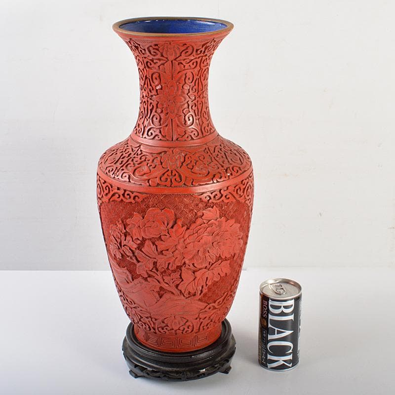 中国　剔紅　堆朱　内七宝　花文瓶　高さ約39㎝　唐木台付　Y　R7494B