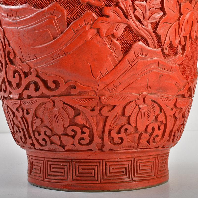 中国　剔紅　堆朱　内七宝　花文瓶　高さ約39㎝　唐木台付　Y　R7494B