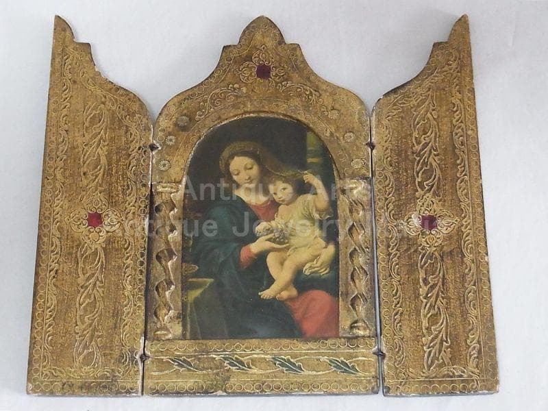 イタリア アンティーク　ピエール・ミニャール 葡萄の房を持つ聖母３枚続きの祭壇画