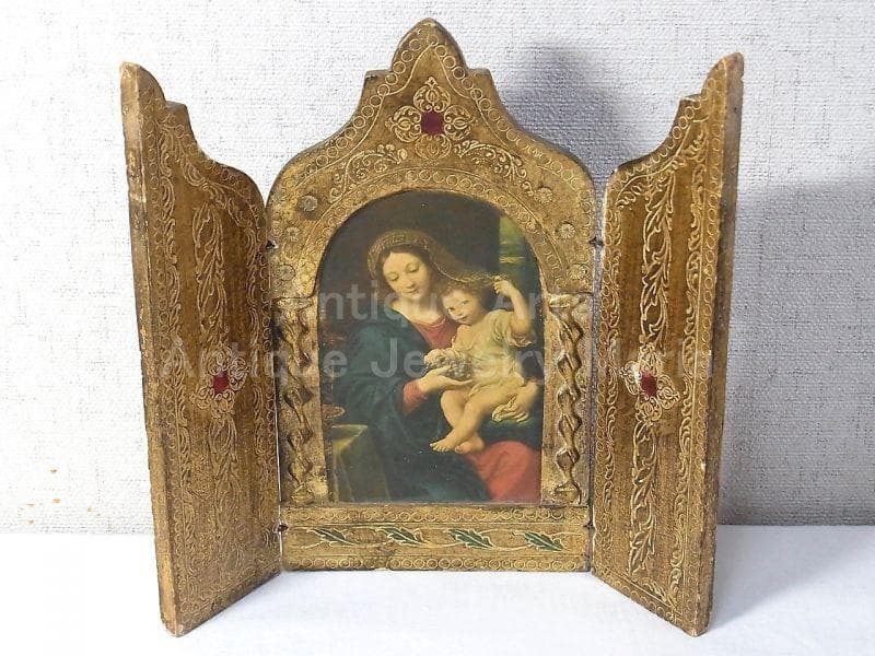 イタリア アンティーク　ピエール・ミニャール 葡萄の房を持つ聖母３枚続きの祭壇画