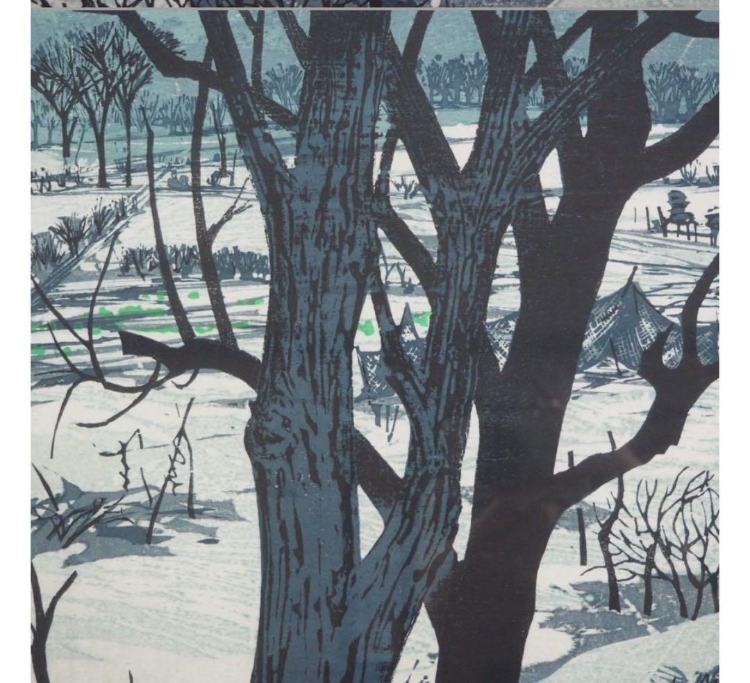 送料無料　北岡文雄作　木版画『冬の農村』　AP1970年作　直筆サイン
