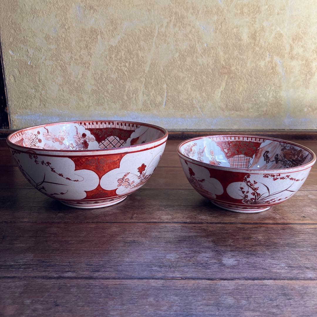 アンティーク 九谷焼 赤絵 特大 三ツ鉢 深鉢 細密赤絵 山水賢人図 骨董