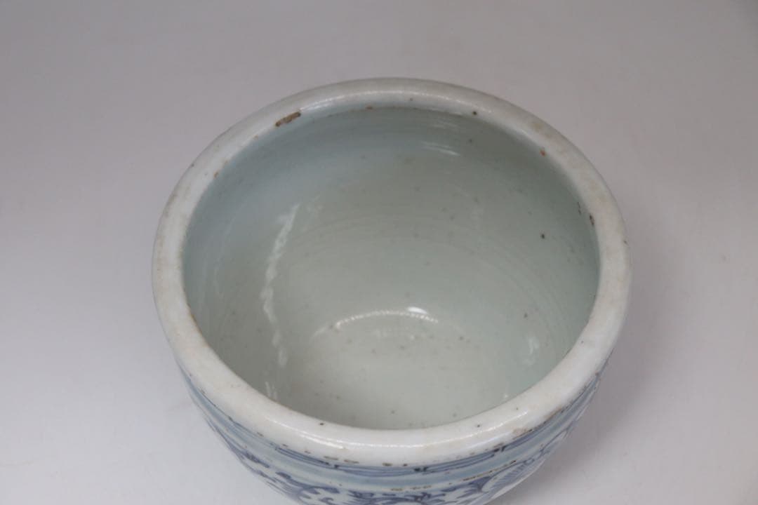 中国　清時代　青華纏枝蓮紋巻缸　木箱入　送料込み0817