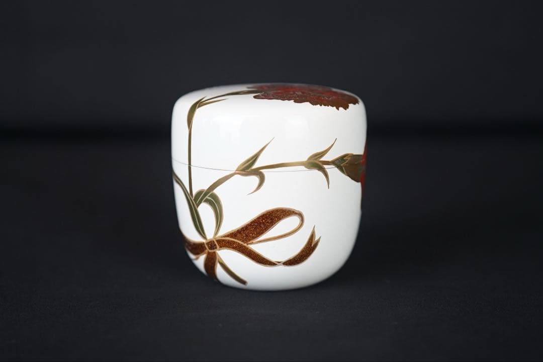 池之浦 大起 作 カーネーション 蒔絵 白漆棗 箱付 茶道具