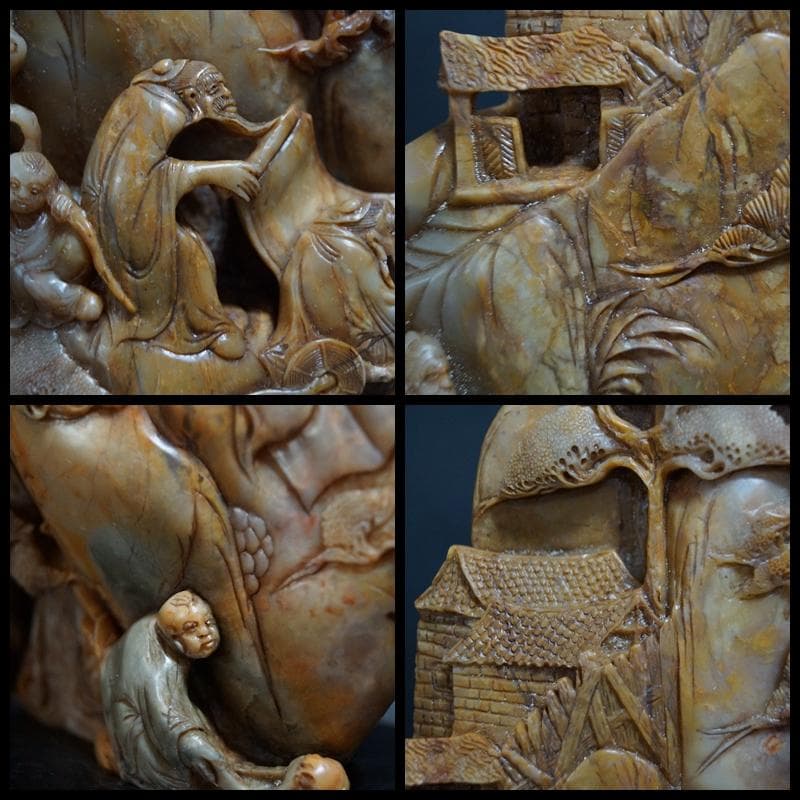 時代物 大型寿山石 高浮彫『祥瑞山水人物図』置物 手彫り擺件中国古賞物 古美術品