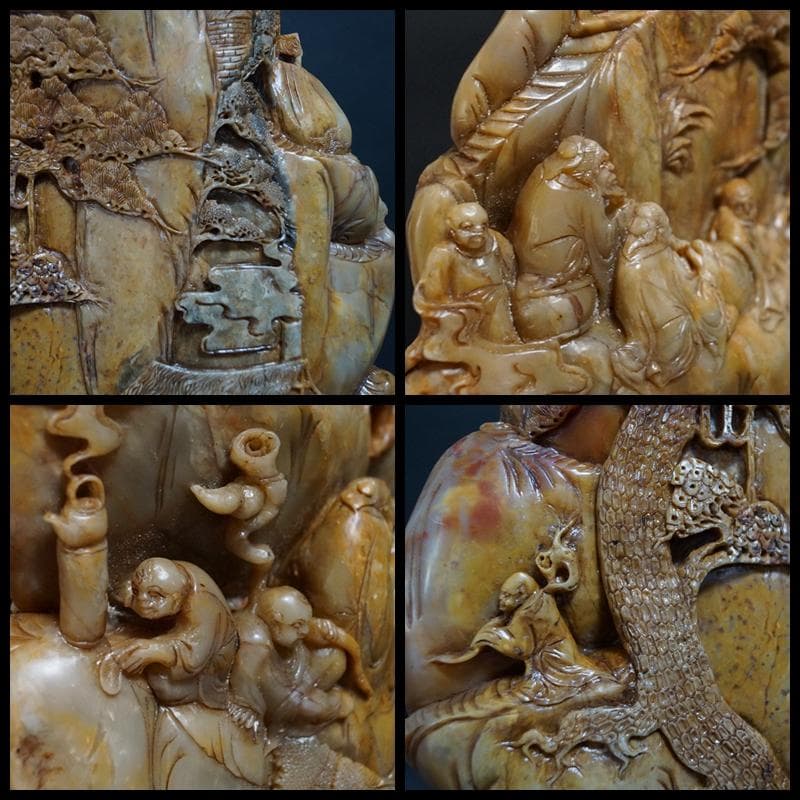 時代物 大型寿山石 高浮彫『祥瑞山水人物図』置物 手彫り擺件中国古賞物 古美術品