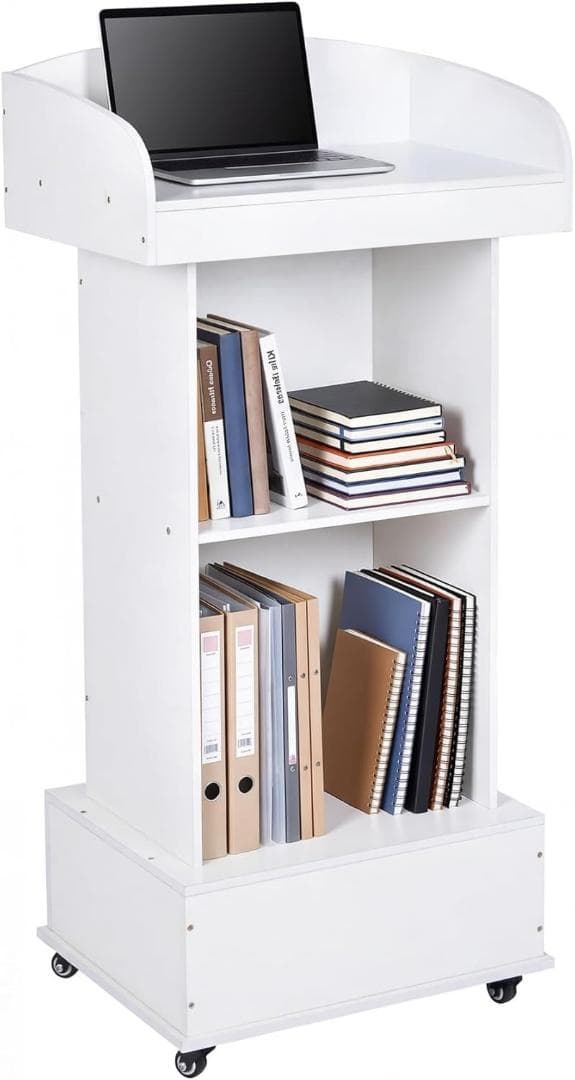 【金属キャスター付き・収納付き・新品】スタンディングテーブル 講演台 ホワイト