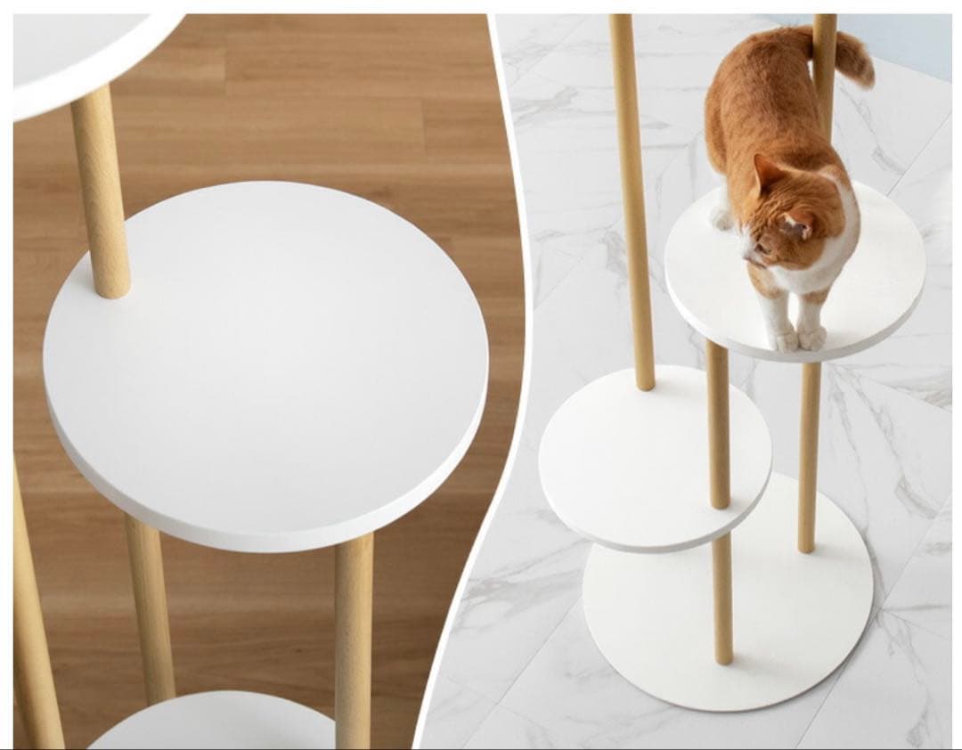 ホワイト 3段スリムキャットタワー　天然木