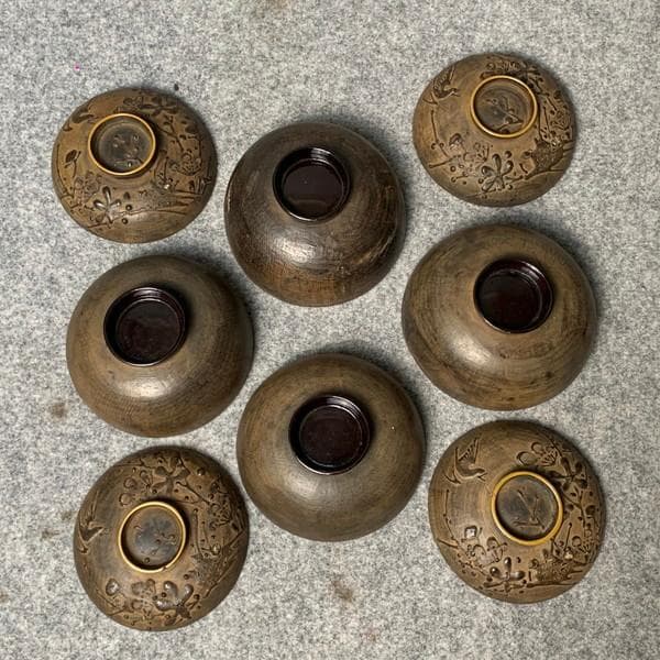 会津塗鉄錆塗木製蒔絵富士山吸物椀4個[B34145]