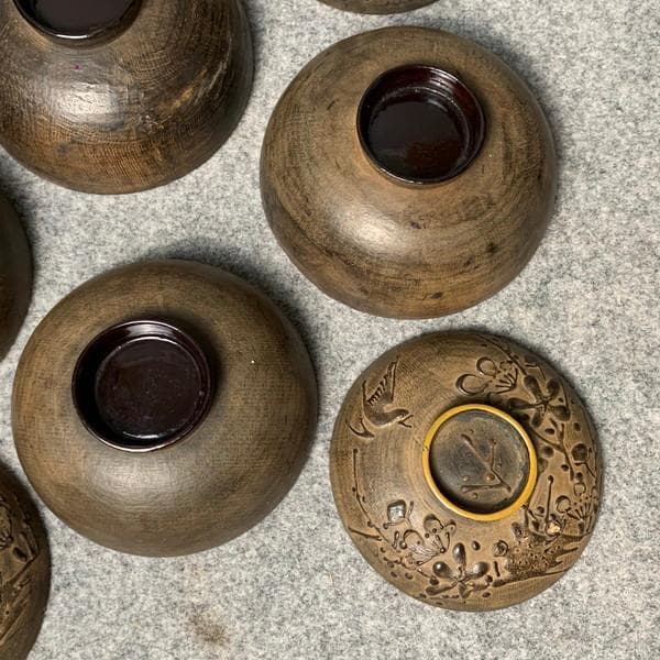 会津塗鉄錆塗木製蒔絵富士山吸物椀4個[B34145]