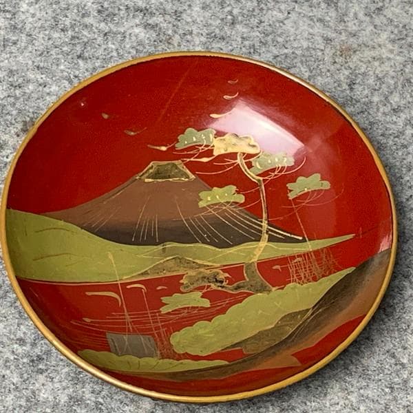 会津塗鉄錆塗木製蒔絵富士山吸物椀4個[B34145]