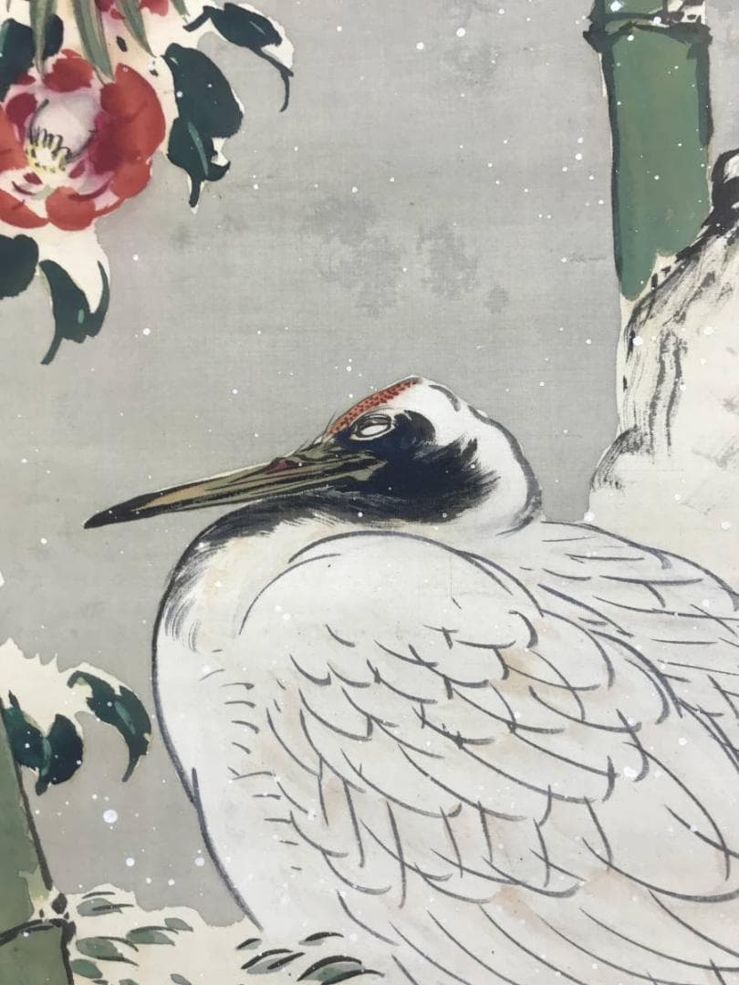 真作/梅丘/雪中鶴図/正月掛軸/花鳥図/掛軸/名家伝来/AE-188