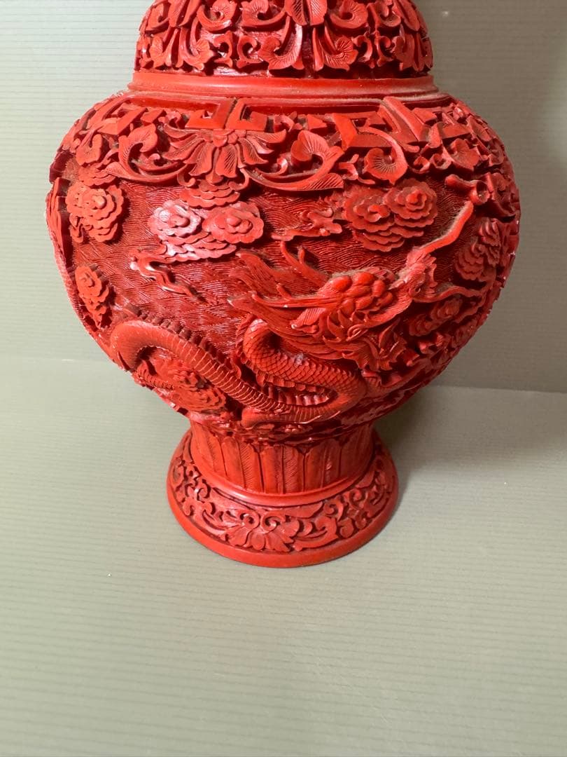 2722 中国美術 漆器 堆朱 剔紅 細密 唐草牡丹雲龍紋 花瓶